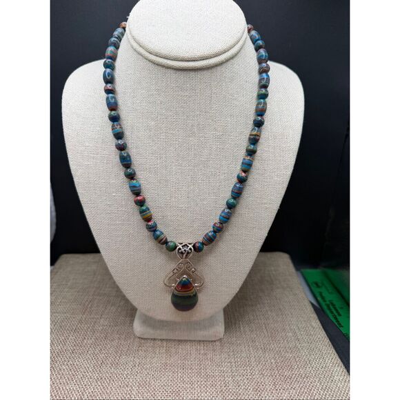 Sterling Silver Multicolor Beaded Necklace w/ Teardrop Pendant – Artisan Stateme - Picture 1 of 10